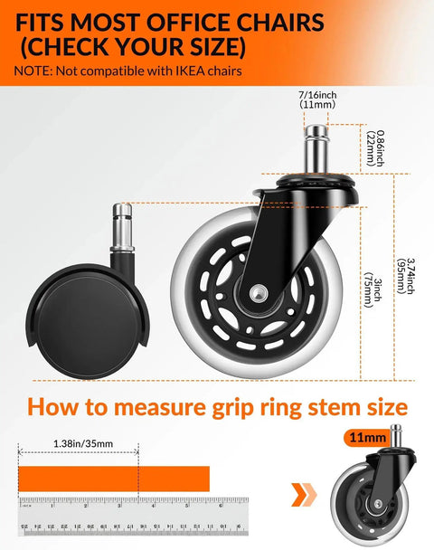 Diagram showing 3 Inch Caster Wheel Set of 5 for Office Chairs, Replacement Wheels with Aerospace Grade ABEC7 Bearings, measurements included