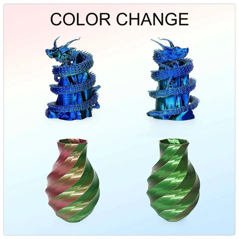 Color-changing dragon and vase models using Silk Dual Color PLA Filament Bundle, Rose and Blue, Red and Gold for high gloss 3D printing