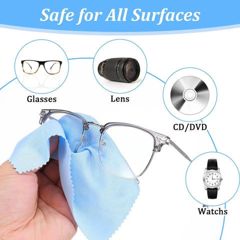 Hand cleaning glasses with Multicolor 200 Pack Microfiber Cleaning Cloths For Glasses Screens Cameras, safe for all surfaces.