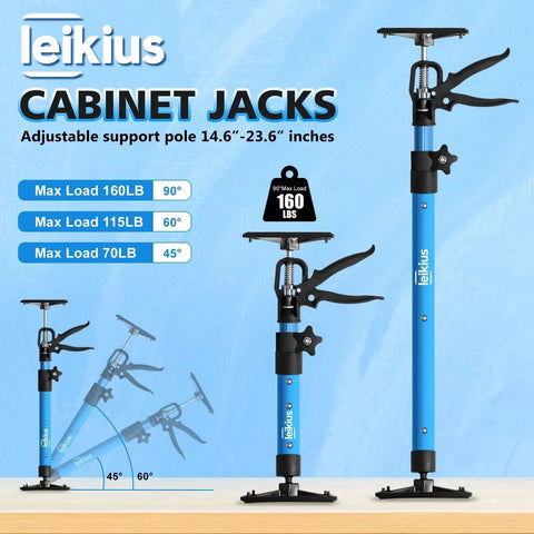 Blue 2 Pack Adjustable Steel Cabinet Jacks With Telescopic 3rd Hand Pole 132 lb Load, adjustable from 14.6 to 23.6 inches