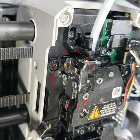 Close-up of Filament Sensor Replacement for P1P and P1S 3D Printers with Ribbon FPC Cable installed in extruder, highlighted by red circle