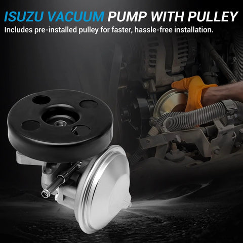 Isuzu vacuum pump with pulley, black circular pulley on silver pump housing, automotive part