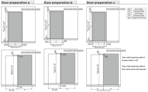 Door preparation diagrams for Concealed Sliding Barn Door Hardware With Soft Close, Trackless Wall-Mount System for 40 to 44 inch openings.