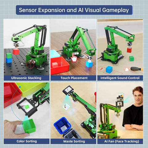 LewanSoul robotic arm kit, green metal arm, ultrasonic stacking of blocks demonstration.
LewanSoul robotic arm kit, green arm, touch placement placing a block on the table.
LewanSoul robotic arm kit, green arm, intelligent sound control with blocks.
LewanSoul robotic arm kit, green arm, color sorting with colored cubes.
LewanSoul robotic arm kit, green arm, waste sorting near a blue bin.
LewanSoul robotic arm kit, green arm, AI face-tracking with camera and person nearby.
