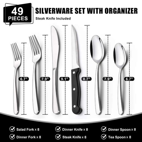 49 Piece Silverware Set With Drawer Organizer For 8 People Built Tough For Everyday Home Use Heavy Duty Cutlery Display