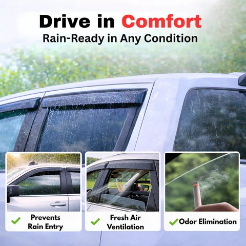 Out Channel Rain Guards Window Visors Vent Deflectors For RAM Trucks 2009 2018 RAM 1500 Crew Cab 4 Piece shown on truck window.