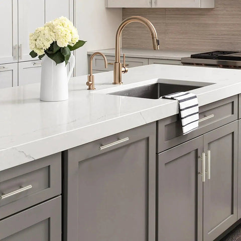 Modern kitchen with 30 Pack 5 Inch Cabinet Pulls With 3 Inch Hole Centers Zinc Alloy Handles In Brushed Nickel Finish on gray cabinets.