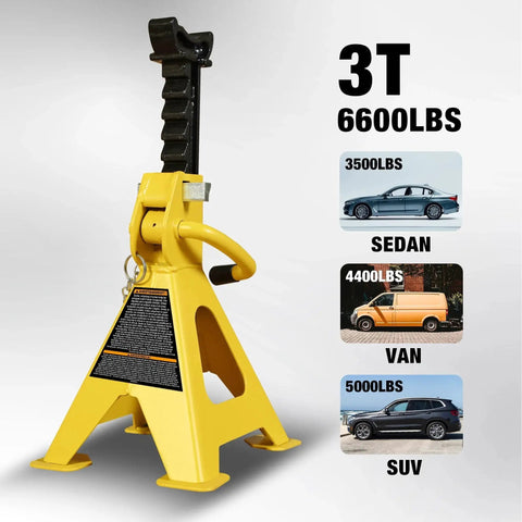 3 Ton Heavy Duty Car Jack Stands With Double Locking And Large Foot Base For SUVs shown with weight capacity for sedans and vans