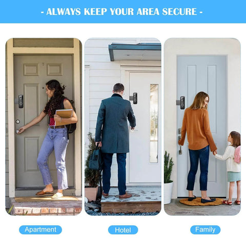 Anti Theft Mounting Bracket For Video Doorbell No Drill Install Secure Fit Precision Design That Will Not Block Motion Sensor Rainproof And Reflective Easy 3 Minute Setup For Quick Low Profile Doorbell Protection shown in apartment, hotel, and family home settings.