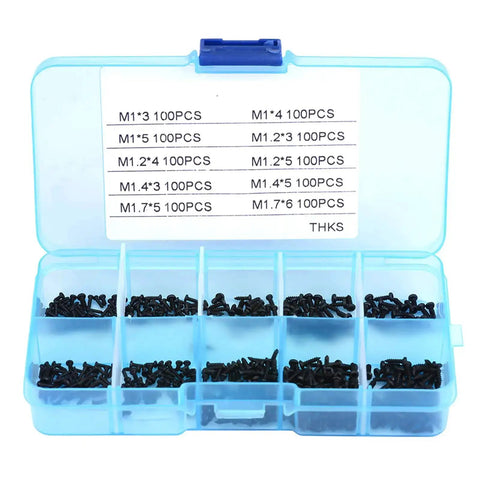 1000 Piece Stainless Steel Self Tapping Screw Kit M1 To M1.7 For Eyeglasses Watches Laptops Cameras And RC Repairs Go To Multi Purpose Assortment With Anti Rust Finish in blue container