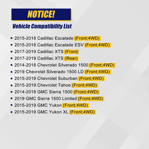 Vehicle compatibility list for Front Wheel Bearing And Hub Assembly with ABS for various GM SUVs and trucks 2014-2019.