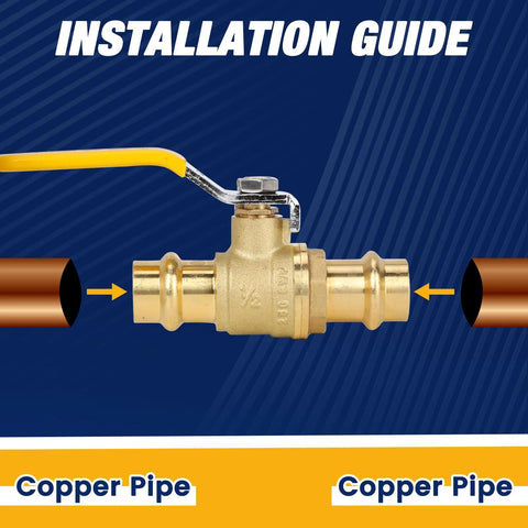 Brass 3/4-inch ProPress ball valve with yellow handle and EPDM O-ring for copper tubing; 1/4-turn full-port shut-off.