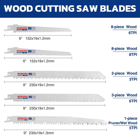 Image showing wood cutting saw blades from 32-Piece Reciprocating Saw Blade Set With Organizer Pouch For Wood Metal And Pruning Blades Featuring Cr-V Steel Woodcutting Blades Bi-Material Metal Blades And Pruner Blades Ideal For DIY Projects And Heavy Duty Jobs By WORKPRO, includes wood and pruner blades in various sizes.