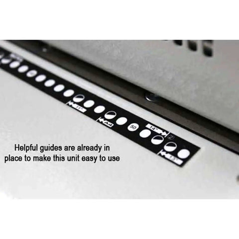 Close-up of guide ruler on Heavy Duty Electric Coil Punch Machine For Bindery with 4x5mm oval holes and 54 disengageable pins.