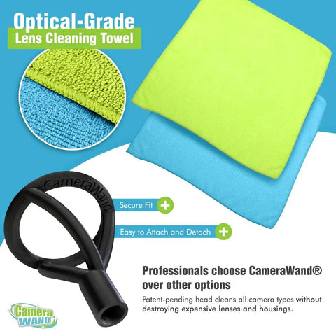 Ground Safe Surveillance Camera Cleaning Tool With Solution And Reusable Towels including optical-grade lens cleaning towels and secure fit attachment.