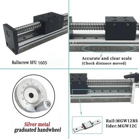 Pro Grade Manual Linear Rail Guide Stage With 4 Inch Travel, 100mm Platform, 0.02mm Repeatability, SFU1605 Ballscrew close-up