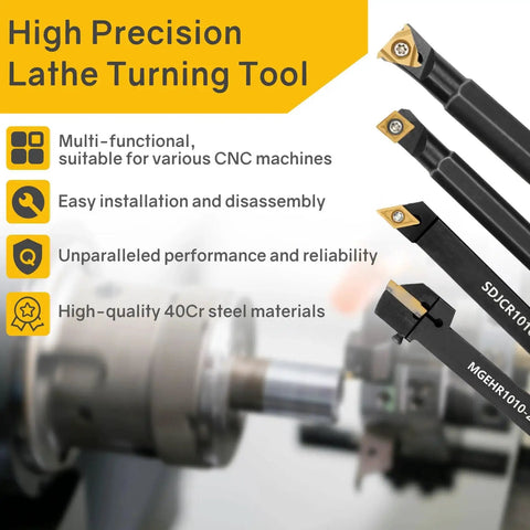 Indexable Lathe Turning Tool Kit With Twenty One Piece Pro Grade Set Featuring Three Eighths Inch And Ten Millimeter Shanks Includes Seven Tool Holders And Fourteen Carbide Turning Inserts For Grooving Threading Boring showing tool holders.