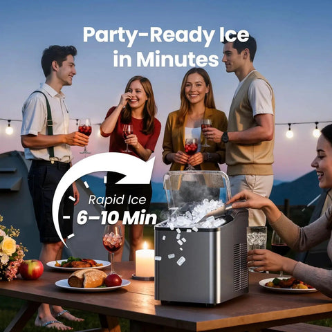 Group of people outdoors with Nugget Ice Maker Countertop 35 Lbs 24H Sonic Chewable Pellets Quiet Stainless on a table.