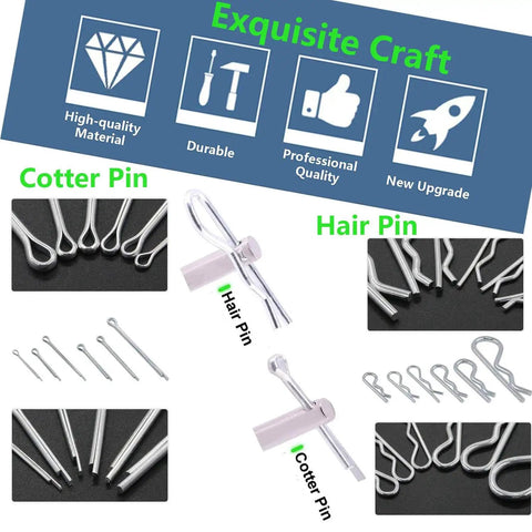 300 Piece Cotter Pin And R Clip Set For Car And Home Use With Zinc Plated Steel Fasteners Includes Multiple Sizes M1.6 M2.5 M3.2 M4 And Inch Sizes 3/32 5/32 5/64 7/64 9/64 Hair Pins And Hitch Pins with images of cotter and hair pins