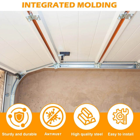 Installed heavy duty garage door track kit with curved horizontal and vertical rails connector set includes R12 and R15.