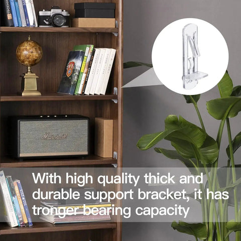 20 Pcs Clear Plastic Locking Shelf Pins 5mm 3/4 Inch Self Locking Shelf Support Peg Clips installed on cabinet