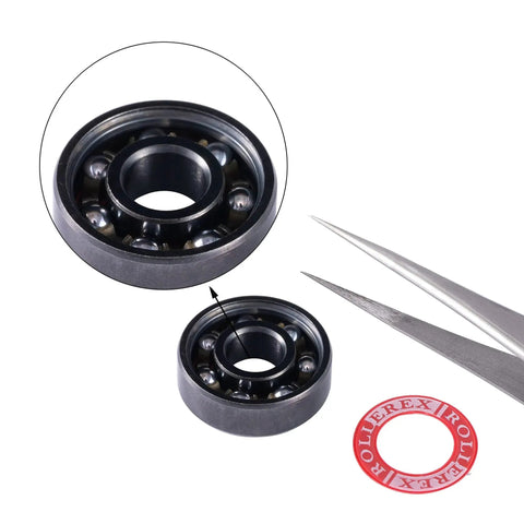 Close-up of 608-2RS pre-lubricated bearings kit ABEC 7 with spacers and washers, ideal for skates and scooters, showing steel ball bearings.