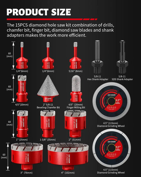 Diamond Hole Saw Kit For Tile And Stone, 15 Piece Vacuum Brazed Core Drill Bit Set with size chart and components shown