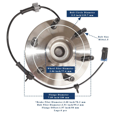 Front Wheel Hub Bearing Assembly Fits 1999 To 2004 Silverado 1500, 2000 To 2006 Tahoe, Suburban 1500, 2002 To 2006 Avalanche 1500, Sierra 1500, Yukon, Escalade, Express 1500 6 Lug Replacement showing dimensions and electrical connections.