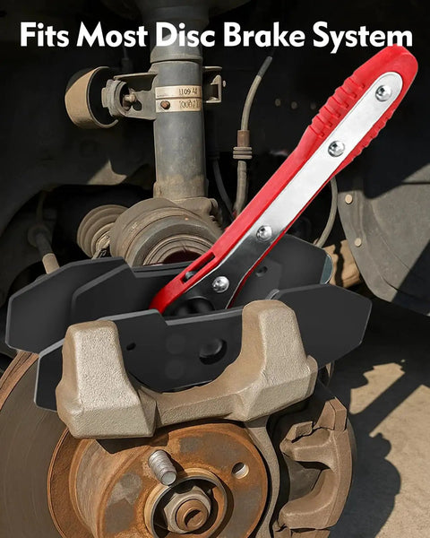 Front view of Witaxima brake caliper compression tool with red lever and extra plates for disc brakes.