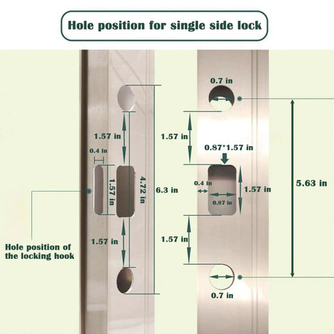 Full Replacement Sliding Door Handle Set For Five And Five Eighths Inch Hole Spacing With Mortise Lock And Key Front And Back Side Black Finish Durable Zinc Alloy Cylinder And Aluminum Handle Easy Installation with diagram showing hole positions for lock installation