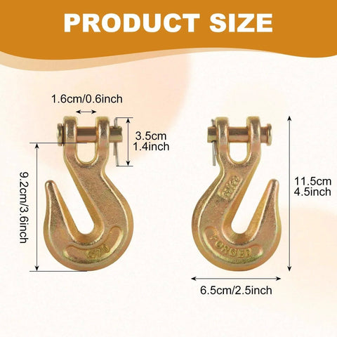 Product size chart of Eight Piece Three Eighths Inch Clevis Grab Hooks Set G70 Heavy Duty Forged Steel Trailer Safety Chain Hooks.