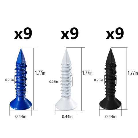 Nine blue, nine white, and nine black flat head screws, 1.77in long, part of 75 Piece 1/4 Inch Concrete Screw Anchor Kit With Blue Black White Flat Head Screws For Masonry Block Brick And Stucco Includes Seven 1-1/4 Inch Color Screws And Nine 1-3/4 Inch Color Screws In Blue Black White.