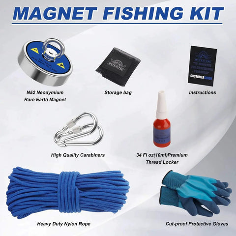 Fishing Magnet Kit 800 Lb Pulling Power With 65 Ft Nylon Rope For Salvage, showing magnet, rope, gloves, carabiners, bag, thread locker