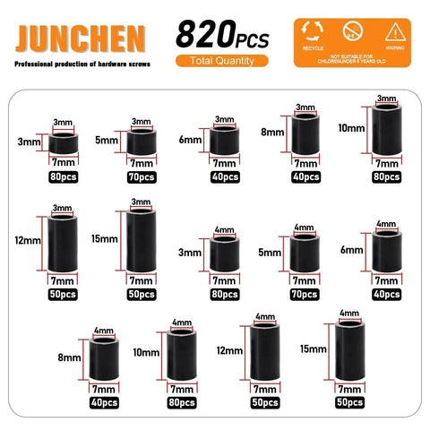Must Have Black Nylon Spacers Kit With 820 Pieces And 14 Size Assortment showing various spacer sizes with dimensions.