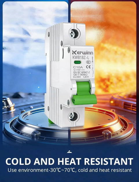 DC Miniature Circuit Breaker 12-110V DC 1 Pole 6A DIN Rail Mount for Battery Power Solar PV and RV Systems with Non Polar Arc Extinguishing Safety Feature LKB18Z-L-1P shown in cold and heat resistant setting