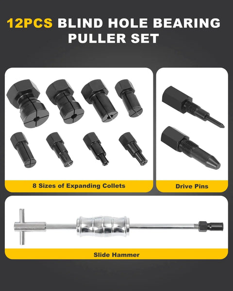 Blind Hole Bearing Puller Set for Bicycles and Motor Vehicles, 12-piece with slide hammer, 8 expandable collets, drive pins shown