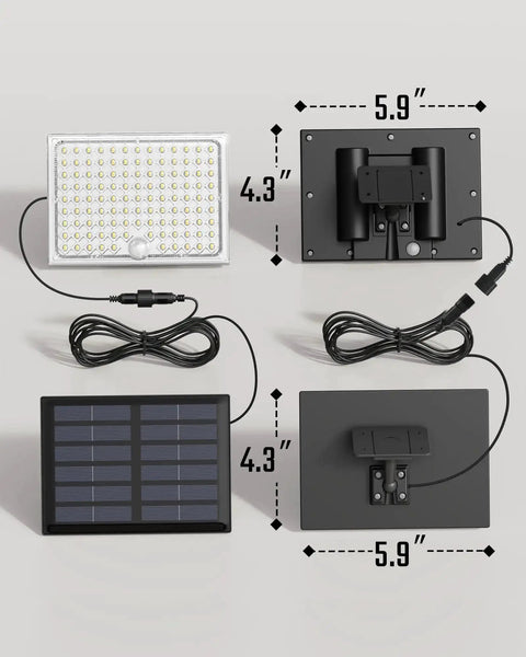 Solar Outdoor Motion Lights With 113 LEDs 7000K Cool White Flood, Dusk To Dawn Sensor, IP65 Waterproof, front and back view