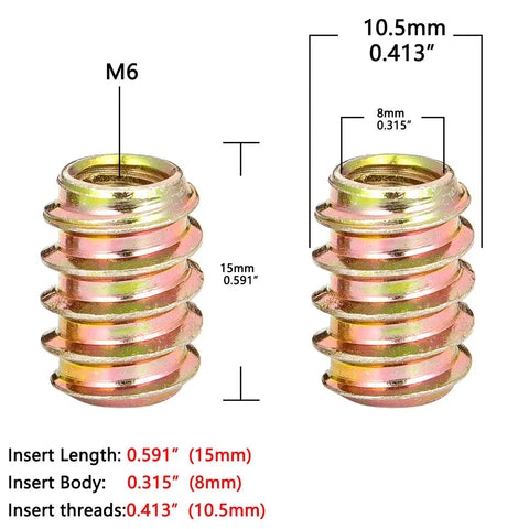 80 Piece M6 Wood Nut Inserts Set With Flush Surface Install Hex Socket Drive M6x15mm threaded inserts dimensions