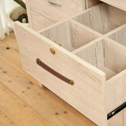 Open drawer with brown leather pull installed, part of Leather Drawer Pulls Set Of 2 With Mounting Screws Brown PU Leather Trunk Handles And Cabinet Pulls For Drawers Suitcases And Luggage Durable Wear Resistant Hardware.