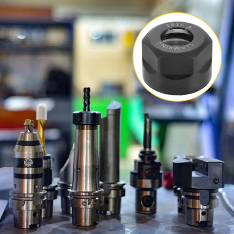 Five Pieces ER16A M22 Collet Clamping Nuts Set For CNC Milling Chuck Holder Lathe, close-up of one collet nut with tools in background.