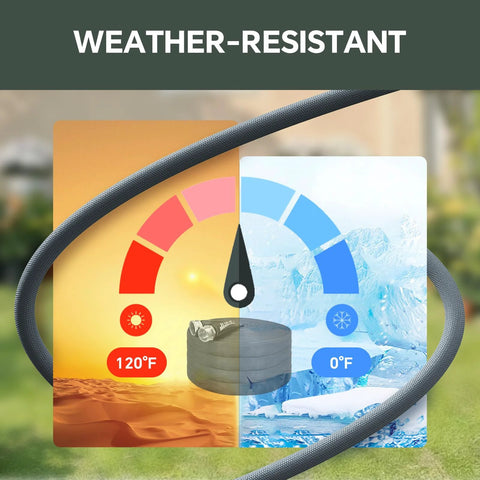 Garden hose, 75 ft, non-expanding, ultra-light, black and gray, all-weather.