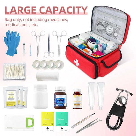 Red First Aid Bag Portable Medical Kit Organizer displayed with various medical supplies around it