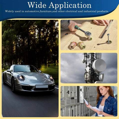 Collage of applications including a car, industrial tower, DIY project, and electronics highlighting uses for 115Pcs M6 Rivet Nuts Kit With Zinc Plated Carbon Steel Flat Head Nutserts, Metric Threaded Inserts For Fast Durable Rust Proof Assemblies, Perfect For Auto, Motorcycle, And DIY Metal Projects.