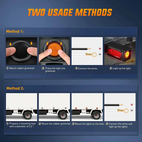Image showing two installation methods for 2 Inch Round Amber Marker Light With 9 LEDs, Flush Mount Clearance Light, Plug Grommet Pigtail, Hardwired 12V.