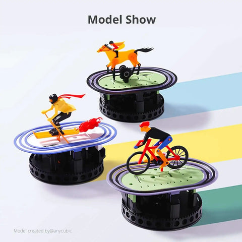 3D printed models of a horse racer, surfer, and cyclist on display, showcasing detailed figurines on circular bases.