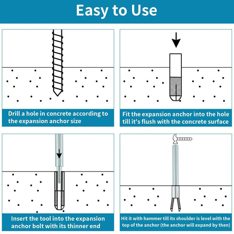 Diagram illustrating drop in anchor hand setting tool kit 3 pack for 1/2 inch 3/8 inch and 1/4 inch female thread drop in anchors galvanized carbon steel rustproof and durable for precise insertion into concrete or stone instructions.