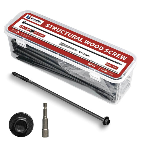10 Inch Structural Wood Screws Size 14 Lag Screws, 50 Pack, with hex washer head and hex socket, black rust resistant coating