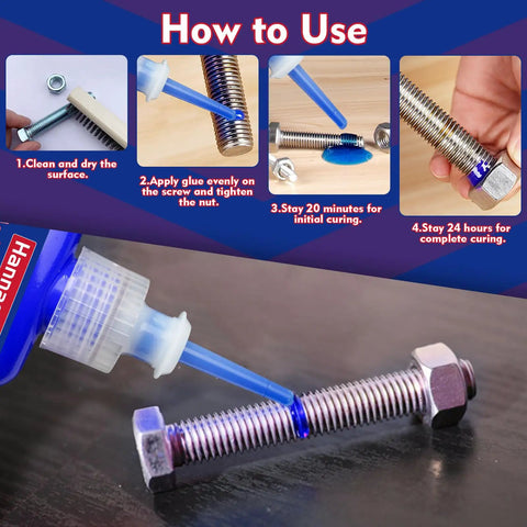 Blue Thread Locker Medium Strength For Nuts Bolts And Metal Fasteners, 1.69 Fl Oz, Seals Tight And Prevents Loosening And Leakage Under Vibration And Heavy Duty Applications applied to a bolt and nut.