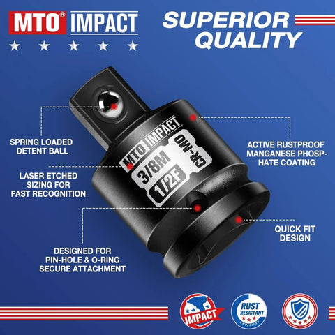 Four Piece Impact Socket Adapter And Reducer Set For One Quarter, Three Eighths, And One Half Inch Drives, Converts Between Female And Male Sockets For Impact Wrenches, Built Tough From Chrome Molybdenum Alloy Steel, detailed view of 3/8" to 1/2" size with features labeled.