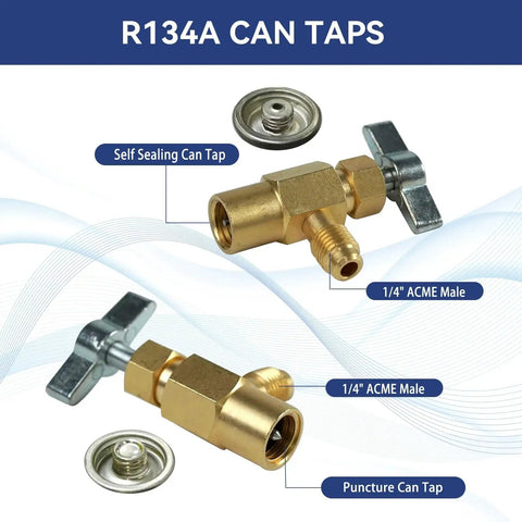 Efficient 4.5 CFM HVAC vacuum pump kit with a 4-way gauge and leak detector; R134a can taps and precise fittings displayed